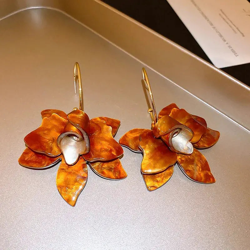Flower Resin Stud Earrings Brown Vintage Tigers Eye Stone C Shaped Design Women Square Rhinestones Jewelry Daily Wear