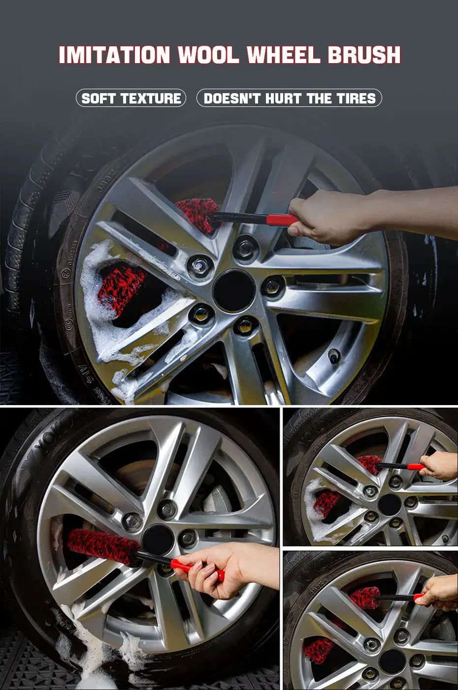 SEAMETAL bendable wheel detailing brush by Simples Market; red-handled car rim cleaning tool