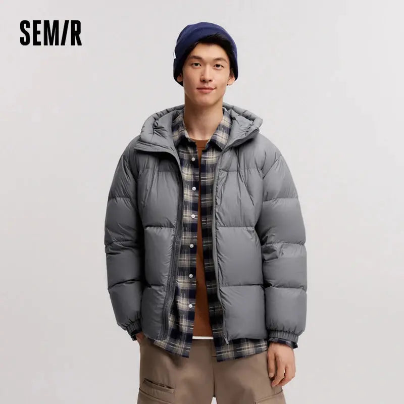 Semir men's grey hooded down jacket with quilted panels; SEM/R logo visible