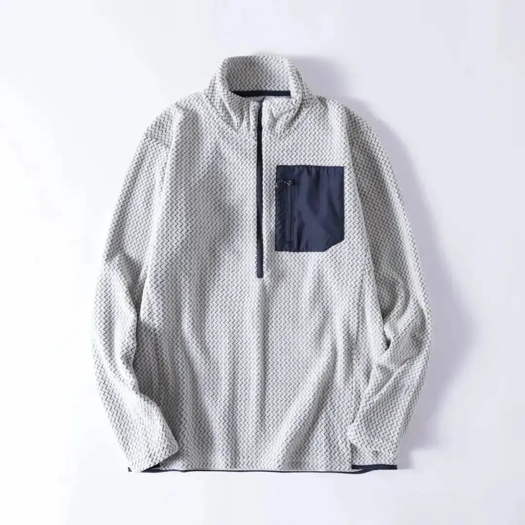 Simples Market thick fleece sweatshirt, half-zip with navy chest pocket, light gray wavy fabric, long sleeves