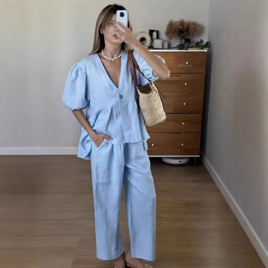 Women Two Piece Set Solid Color V Neck Short Sleeve Top And Long Pants