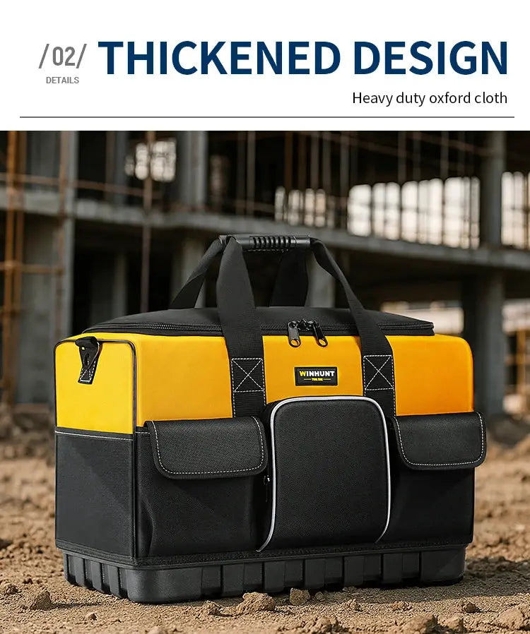 WINHUNT heavy-duty tool bag in yellow and black with molded bottom, wide-mouth opening, and adjustable shoulder strap.