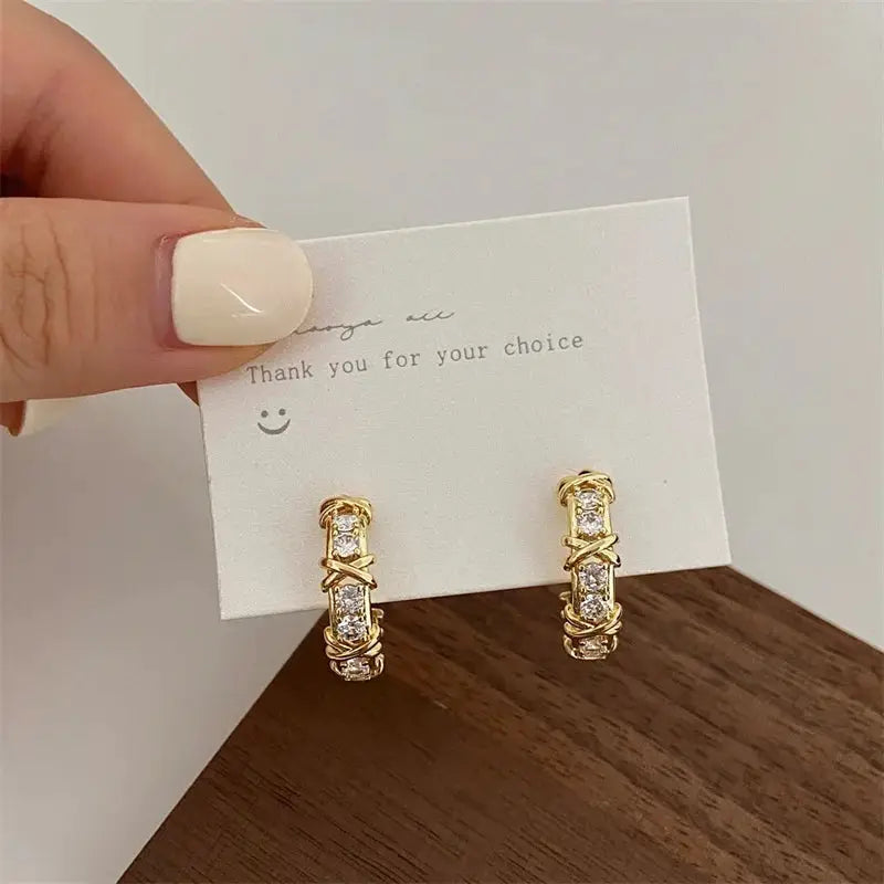 Women Stud Earrings Cubic Zirconia Cross Geometric Design Korean Fashion Jewelry Gift Wholesale