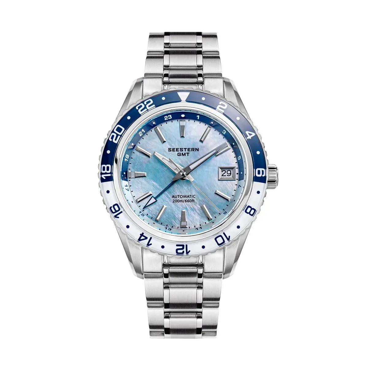 Seestern GMT stainless steel men's watch with blue dial, automatic movement, blue/white bezel and date window