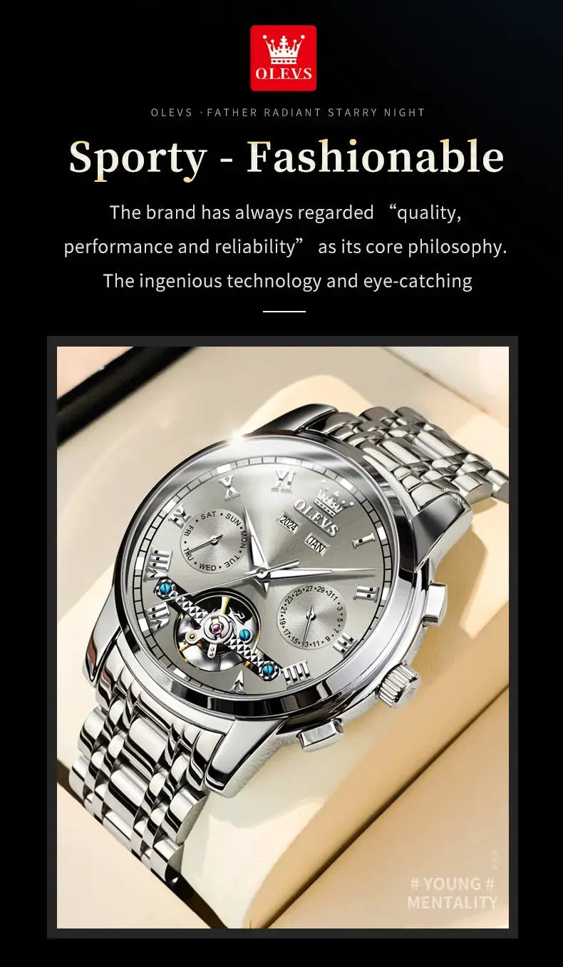 OLEVS stainless steel skeleton automatic watch with flywheel and dual-calendar subdials