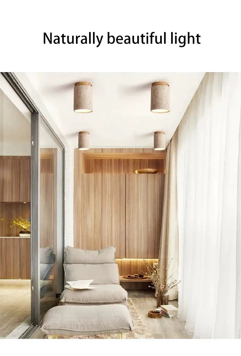 Japanese-style round LED ceiling lamps, four pieces with a stone wood finish for living room