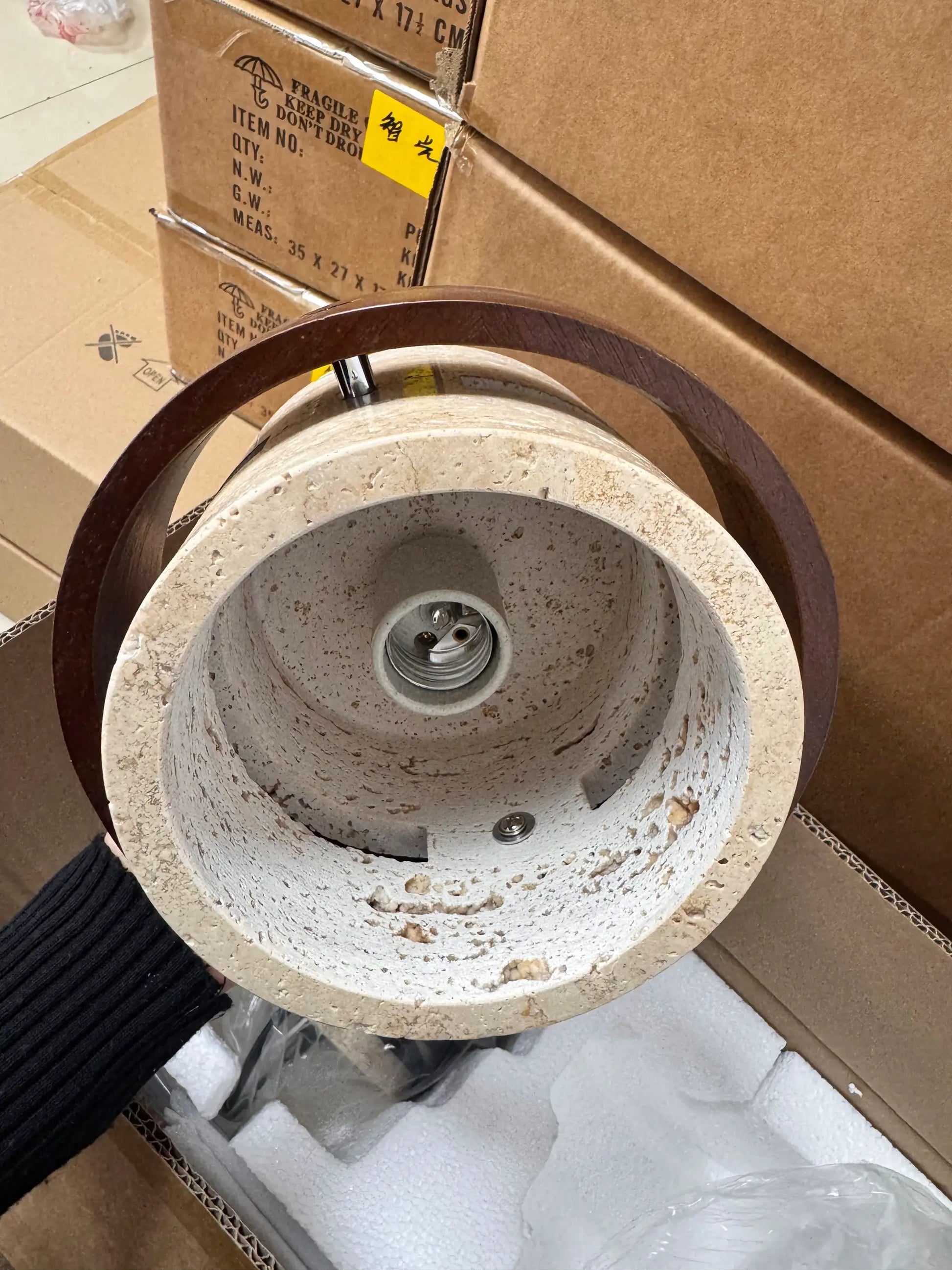 Simples Market Japanese Wabi Sabi bar pendant lamp; circular brown ring with concrete-like shade, boxed