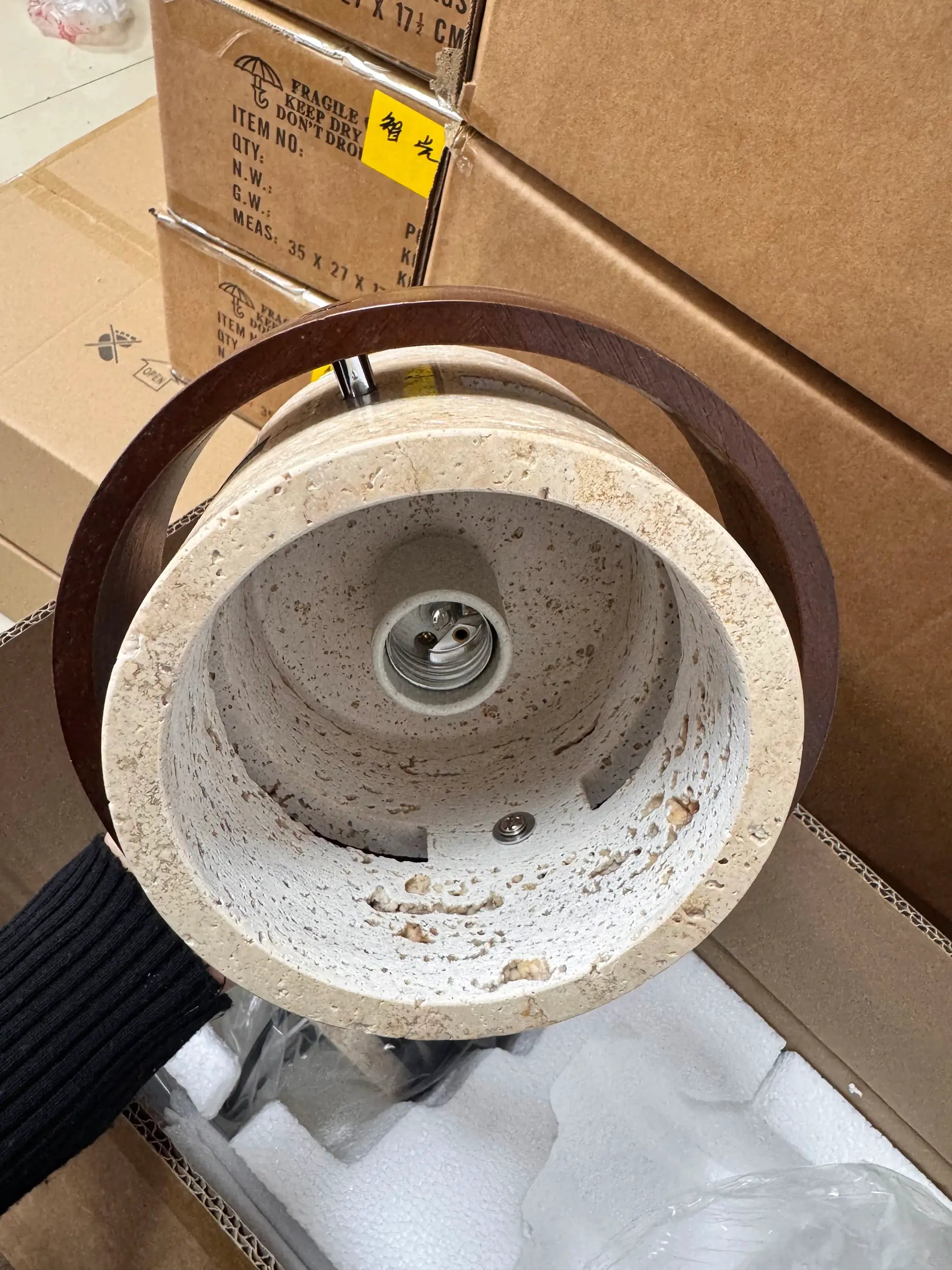 Simples Market Japanese Wabi Sabi bar pendant lamp; circular brown ring with concrete-like shade, boxed