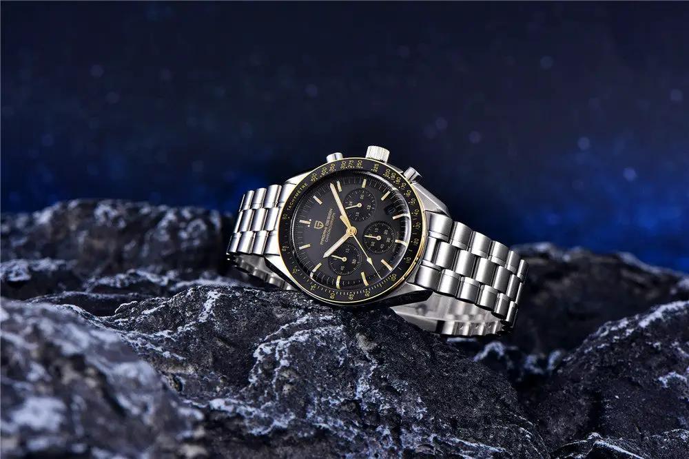 PAGANI DESIGN men's quartz chronograph watch with stainless steel bracelet, black dial, gold bezel