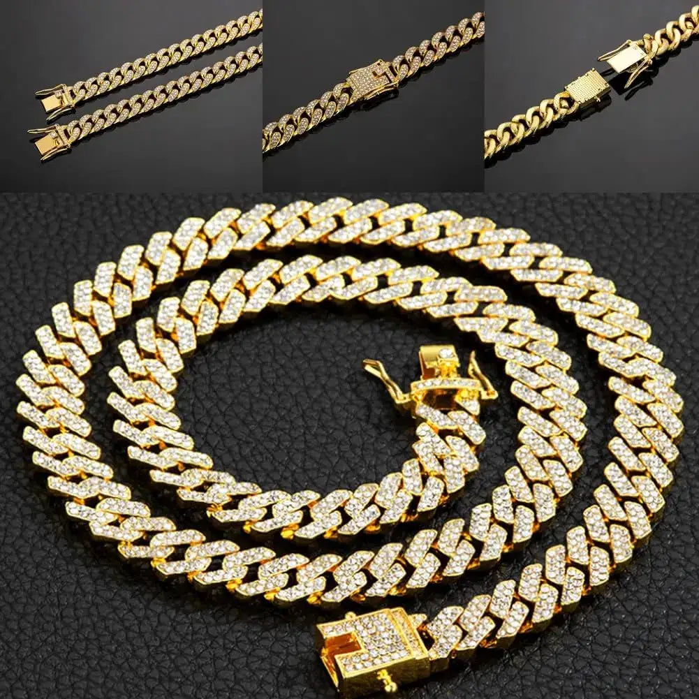 Cuban chain dog collar gold-tone stainless steel; pave links and adjustable safety buckle for small to medium breeds