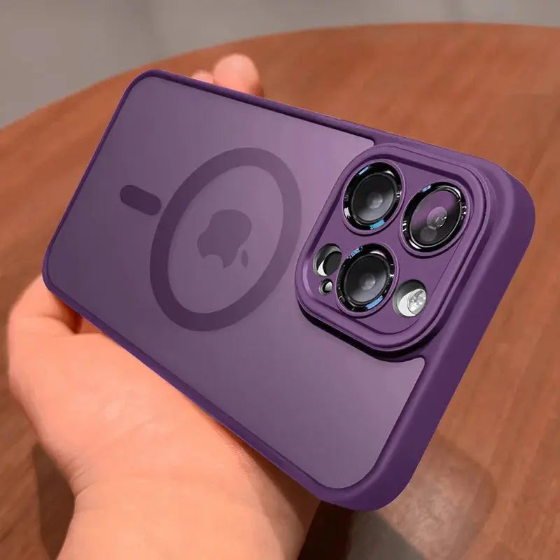 Luxury matte armor MagSafe phone case in purple with protective bumper and camera cutouts