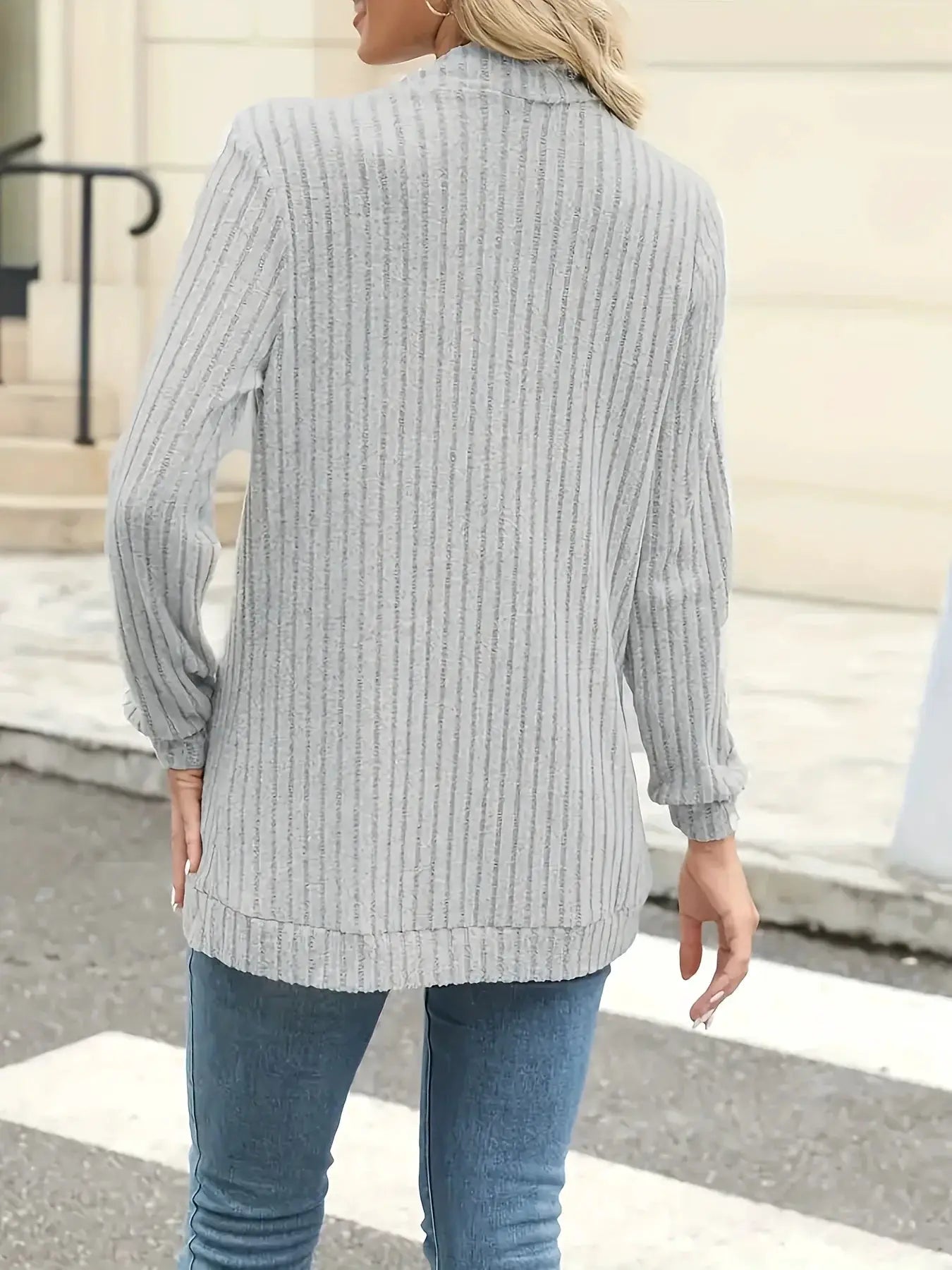 StyleNest Solid Color Brushed Pinstripe Cardigan Jacket For Women With Cozy Warmth And High Stretch Knit