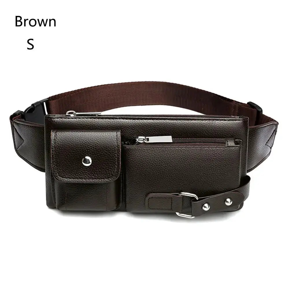 Brown leather waist bag with multiple pockets and adjustable belt strap