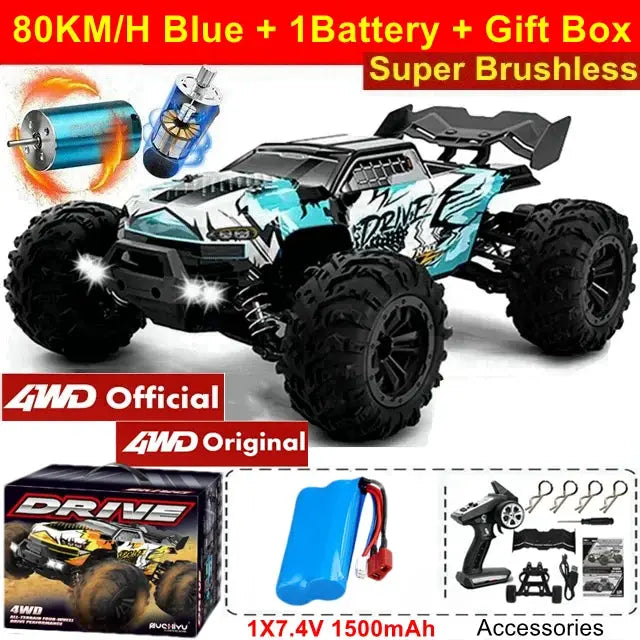 4WD Remote Control Off Road 4X4 High Speed Brushless Buggy Truck 80 KMH Drift Racing Toy for Kids and Adults