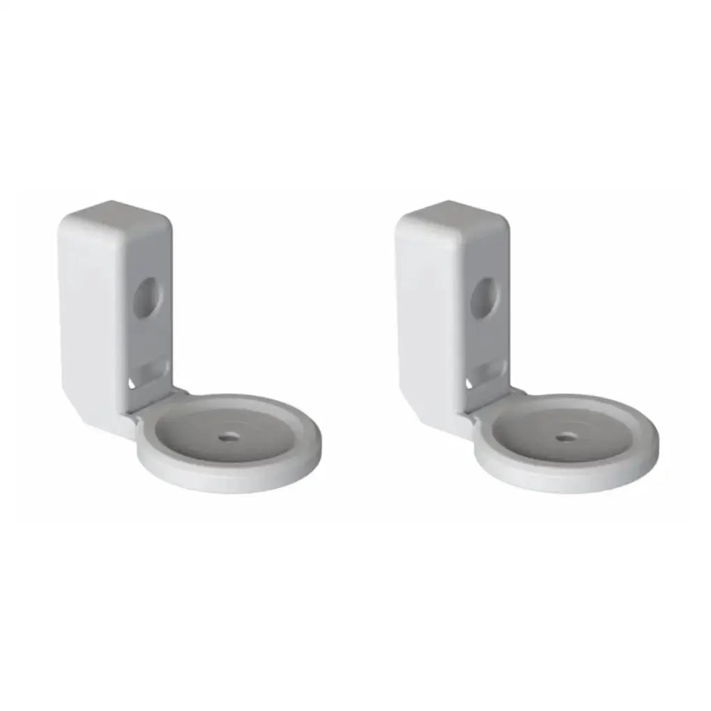 Two white Echo Dot wall mount brackets with circular bases and cord management.