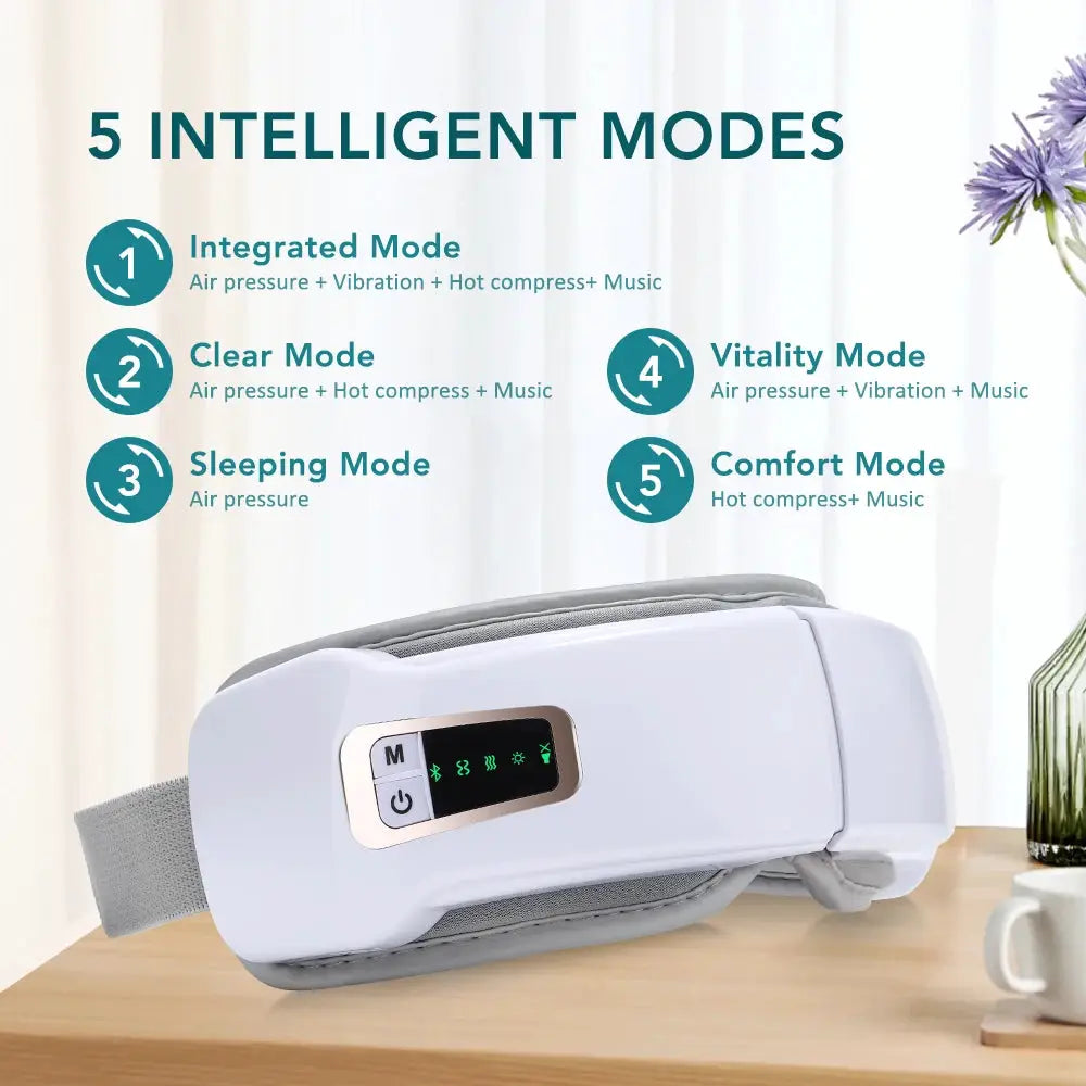 Simples Market foldable eye air pressure massager with Bluetooth music, white with gray strap on table