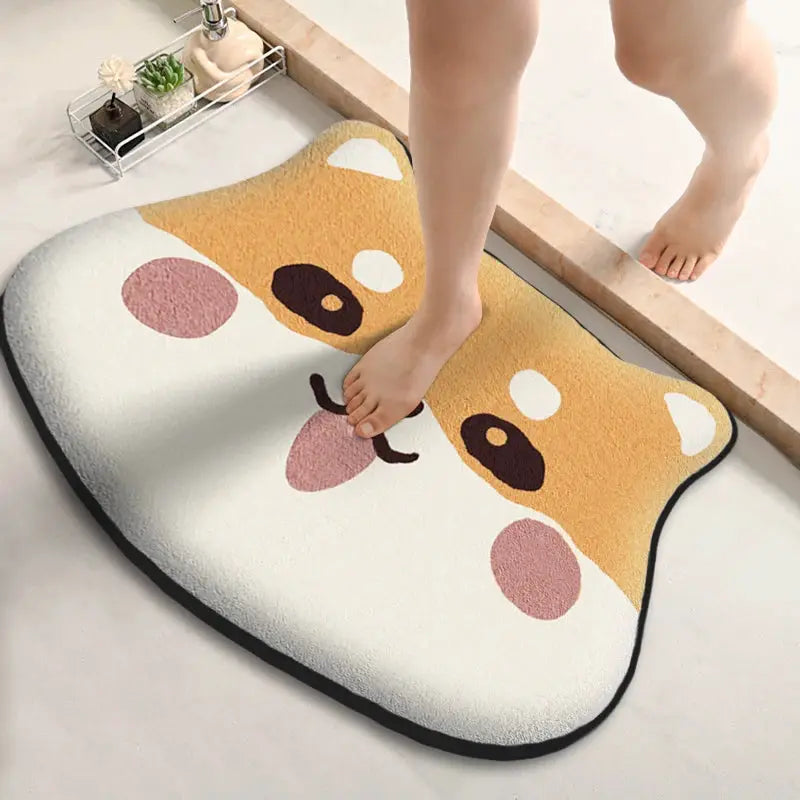 Dog-shaped bathroom mat in orange and white, thickened flannel, non-slip and dirt-resistant rug