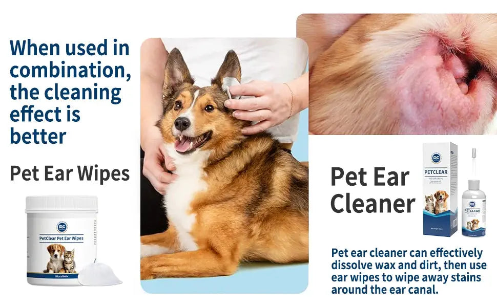 PetClear ear care set, 2 items: Pet Ear Wipes and Pet Ear Cleaner bottle