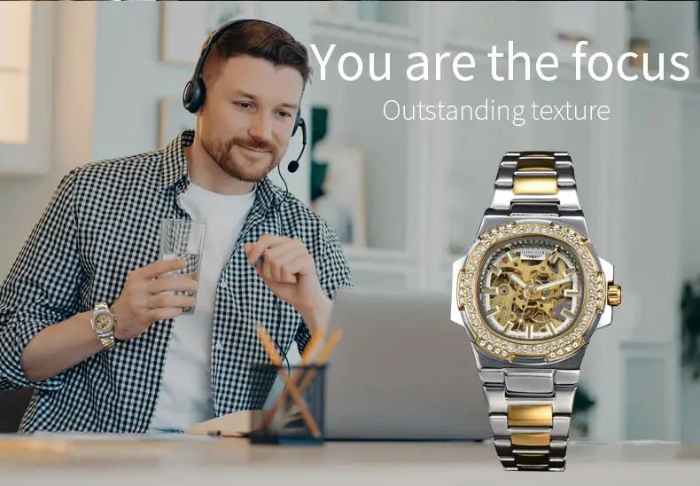 LONGLUX automatic men's skeleton watches; two-tone stainless steel bracelet with diamond bezel, two watches shown