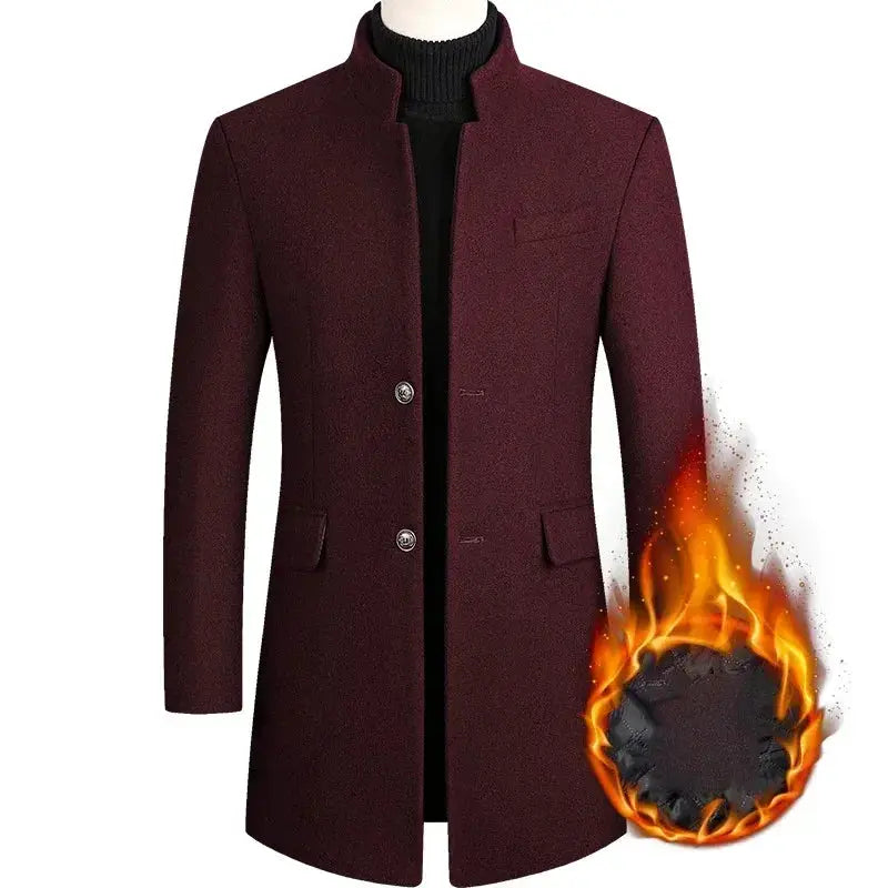 Men's burgundy wool trench coat, stand collar, single-breasted with buttons, business casual winter outerwear
