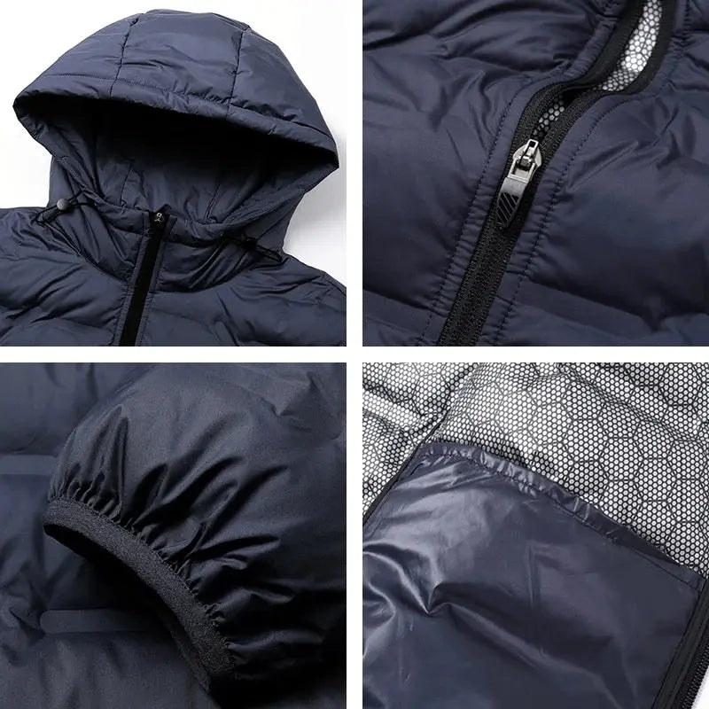 Simples Market men's navy duck-down puffer jacket with hood, front zipper, and elastic cuffs