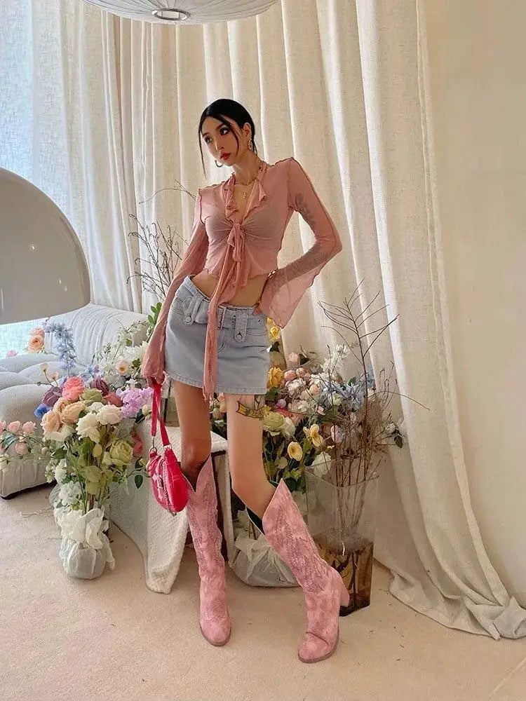 Korean Couture Lace Up Mesh Blouse With Long Flare Sleeve Slim Fit Top For Modern Sophisticated Style