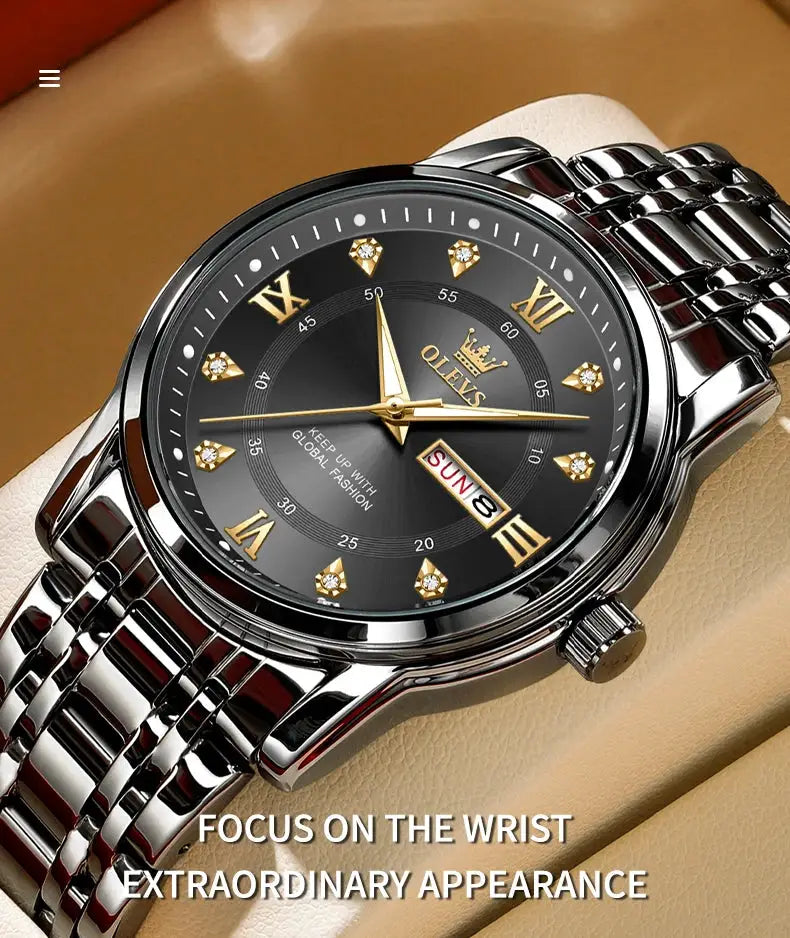 OLEVS men's stainless steel quartz watch with black dial, gold-tone hands, and day/date window