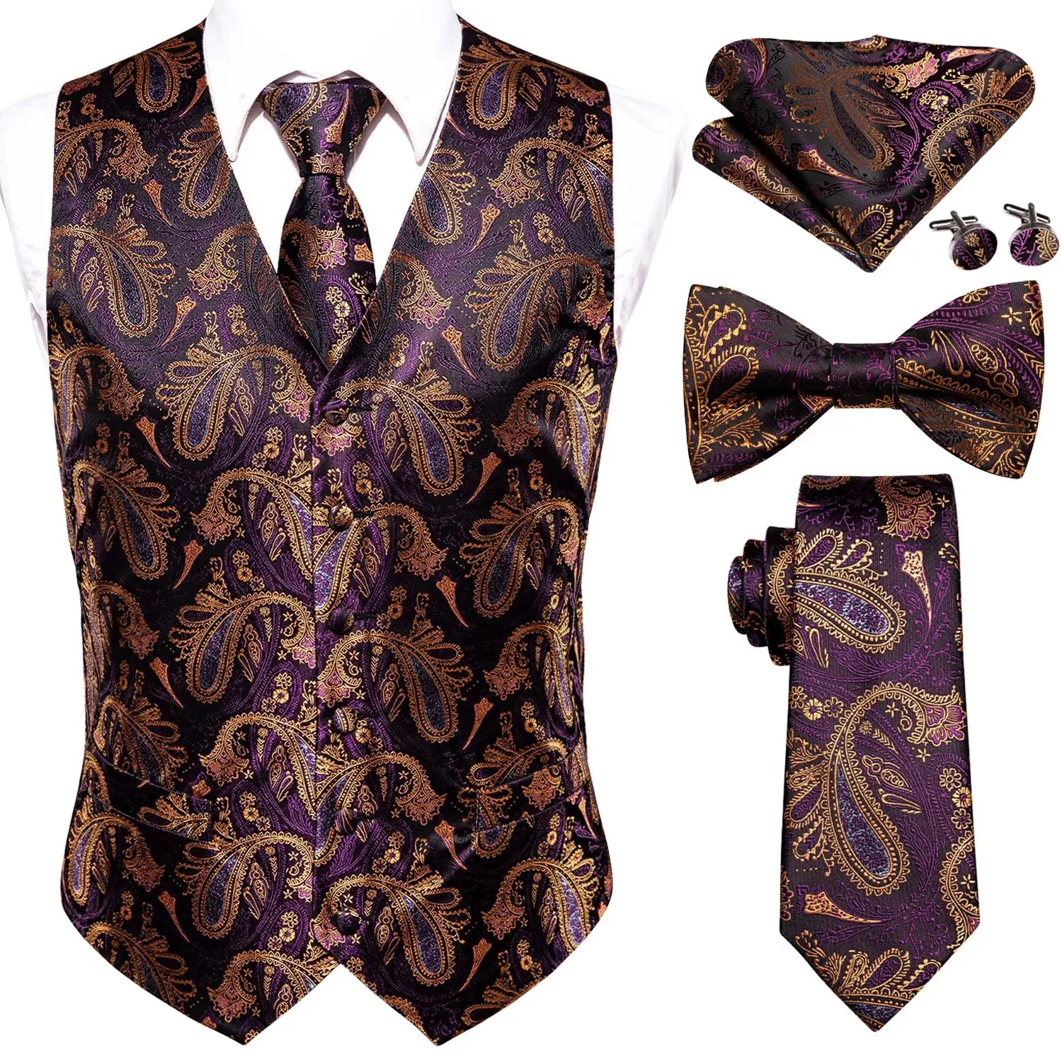 5-piece men's paisley waistcoat set in purple and gold with tie, bow tie, pocket square and cufflinks