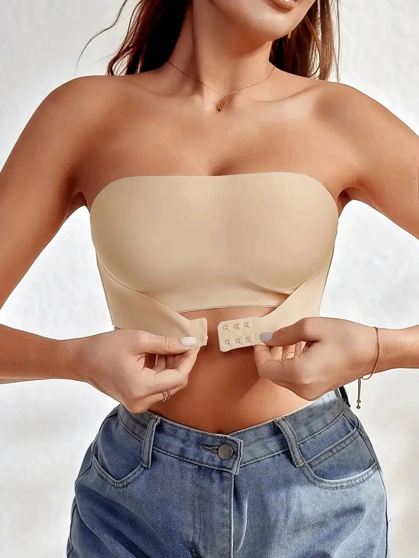 LunaWear Womens Strapless No Padding Seamless Front Button Bra Wirefree Comfort Breathable Knit Fabric