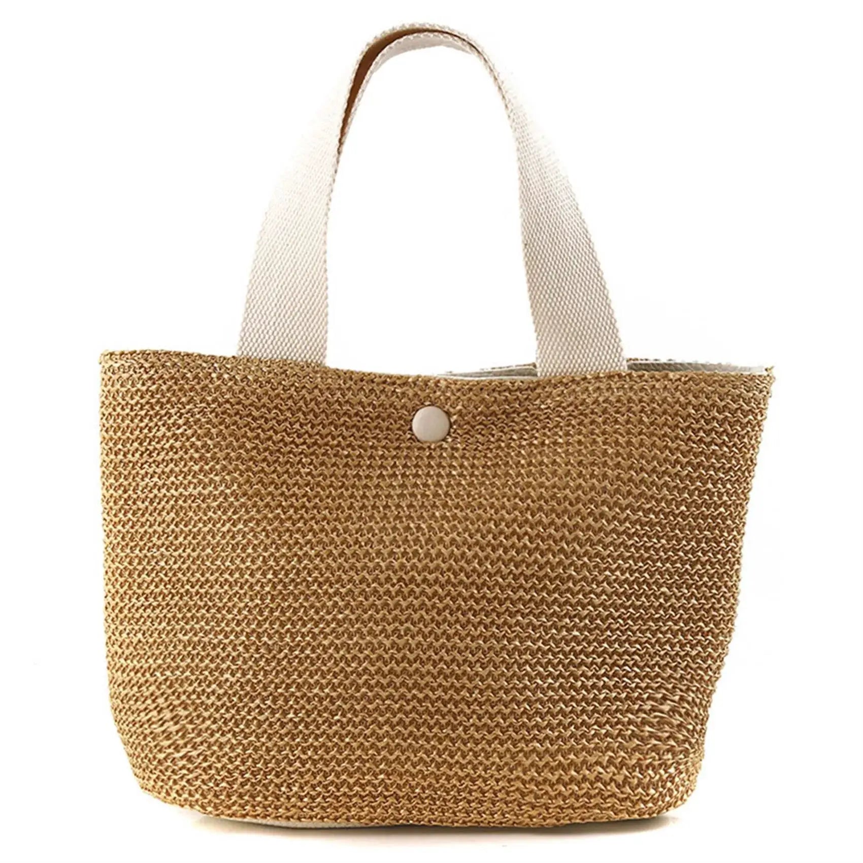 Straw woven tote handbag for ladies with cream top-handle straps; natural beige beach bag