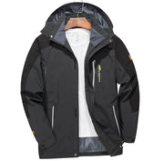 Men's waterproof hiking jacket, large size, black with gray interior, hooded windbreaker for outdoor activities