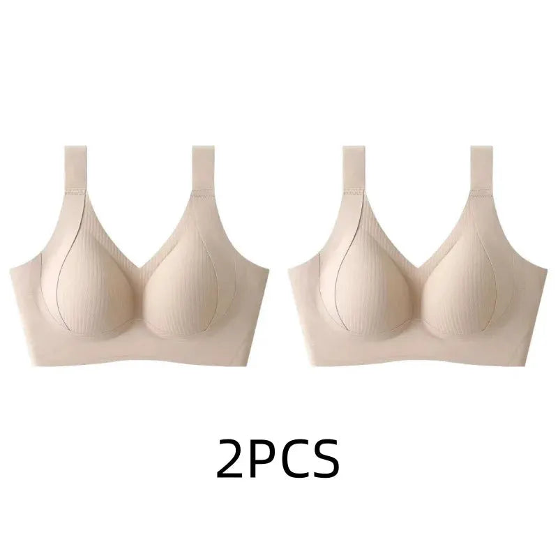 2PCS beige seamless wireless bras for women, pull-up anti-sagging style