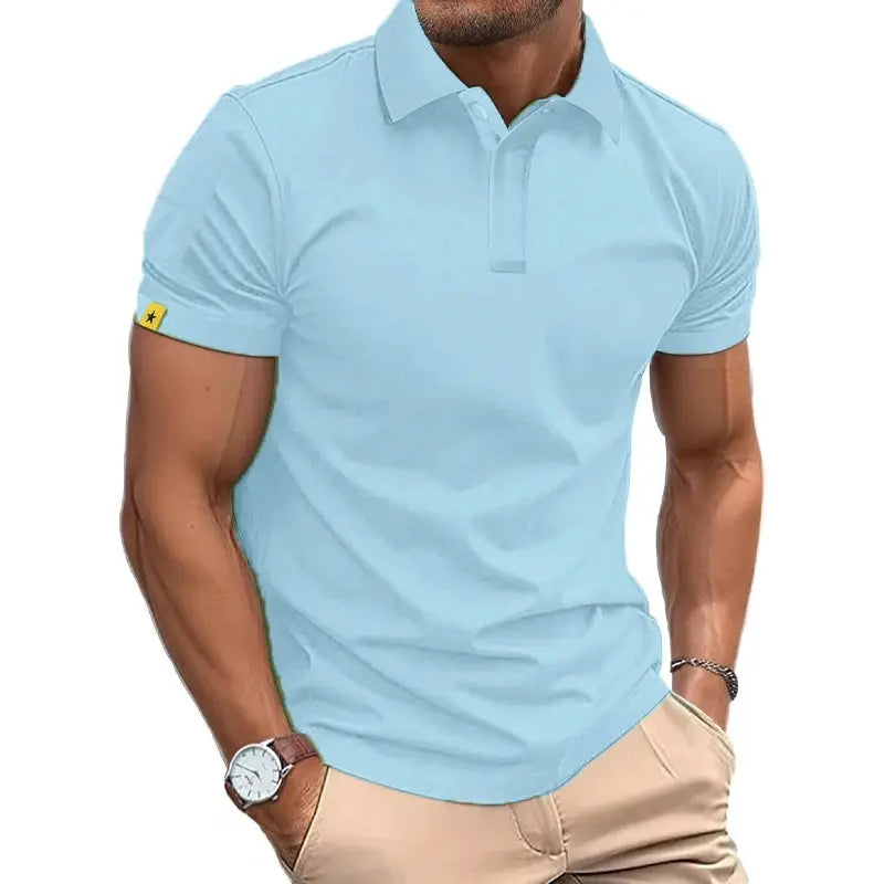 Men's light blue polo shirt with collar and button placket, breathable short sleeves.