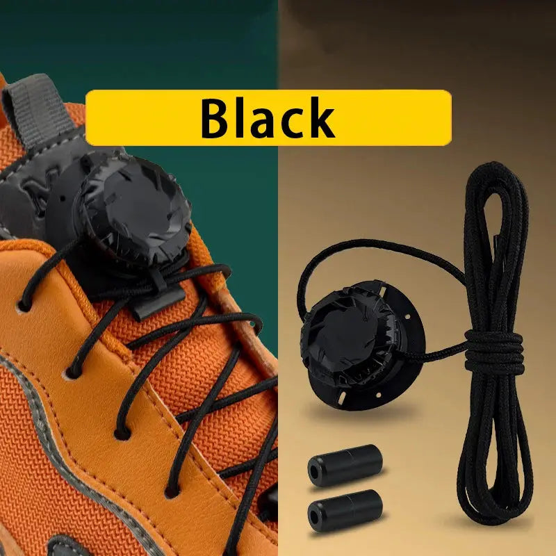Automatic swivel-buckle shoelaces in black for sneakers; includes dial, long lace, and end caps (1 or 2 pairs)