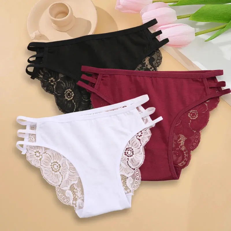 3pc women's lace panties set in black, burgundy, and white with floral lace trim