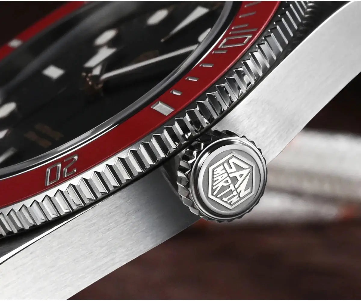 San Martin BB Diver watch, 40mm, stainless steel case with red bezel and crown bearing the logo