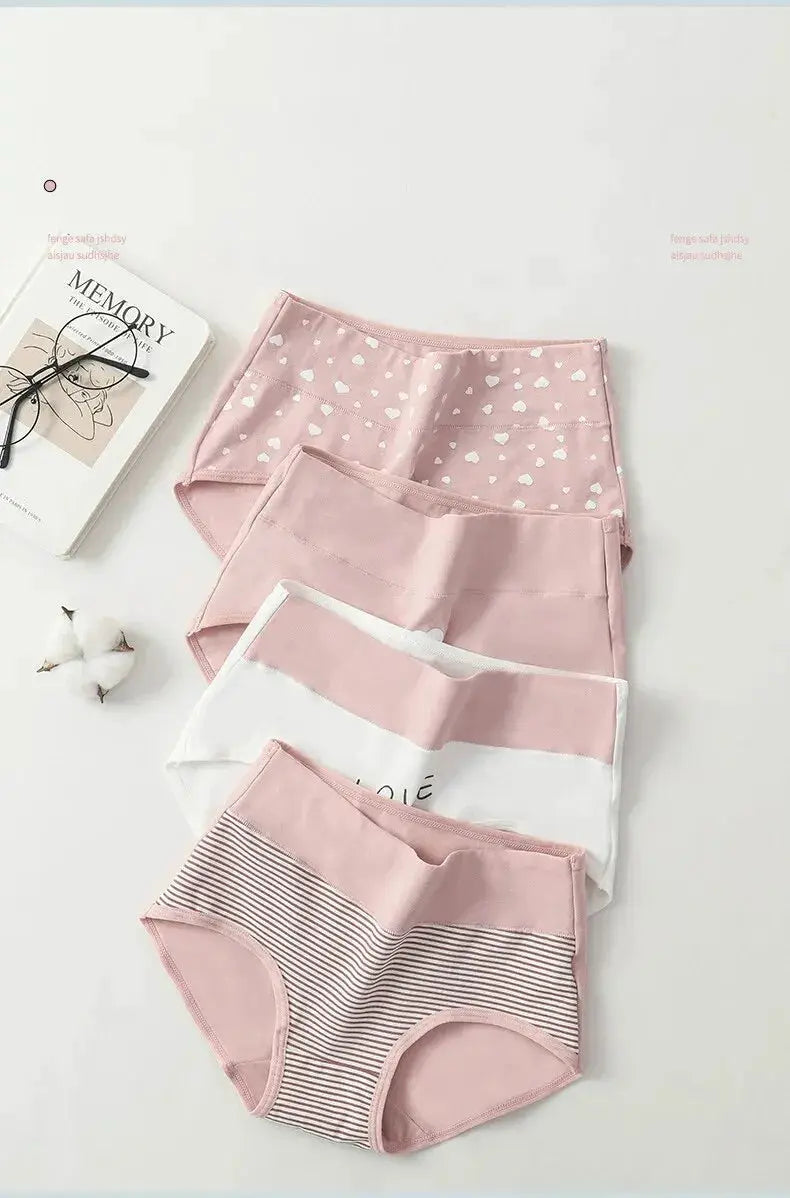 Simples Market 4Pcs women's high-waist cotton panties set in pink tones with heart prints, stripes and solids