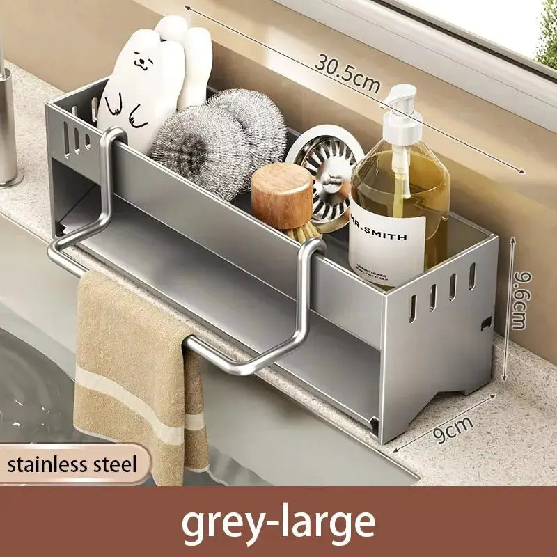 Stainless steel sponge rack by Simples Market; grey large sink organizer for sponges and brushes.