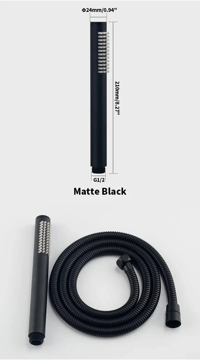 Matte black Simples Market handheld shower head with flexible hose and connector, 2-piece set.