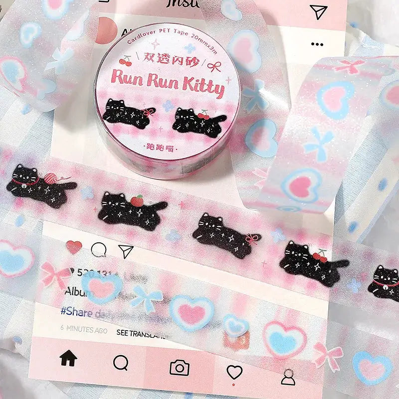Decorative washi tape by Simples Market; pink Run Run Kitty design with black cat motifs and hearts (1 roll)