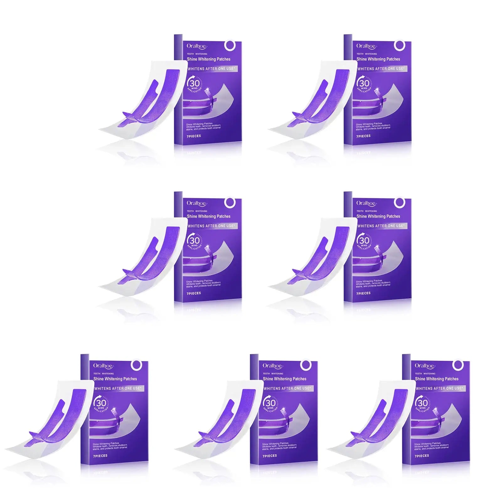 Teeth whitening patches on purple Oralhoe packaging; multiple 7-piece boxes shown.