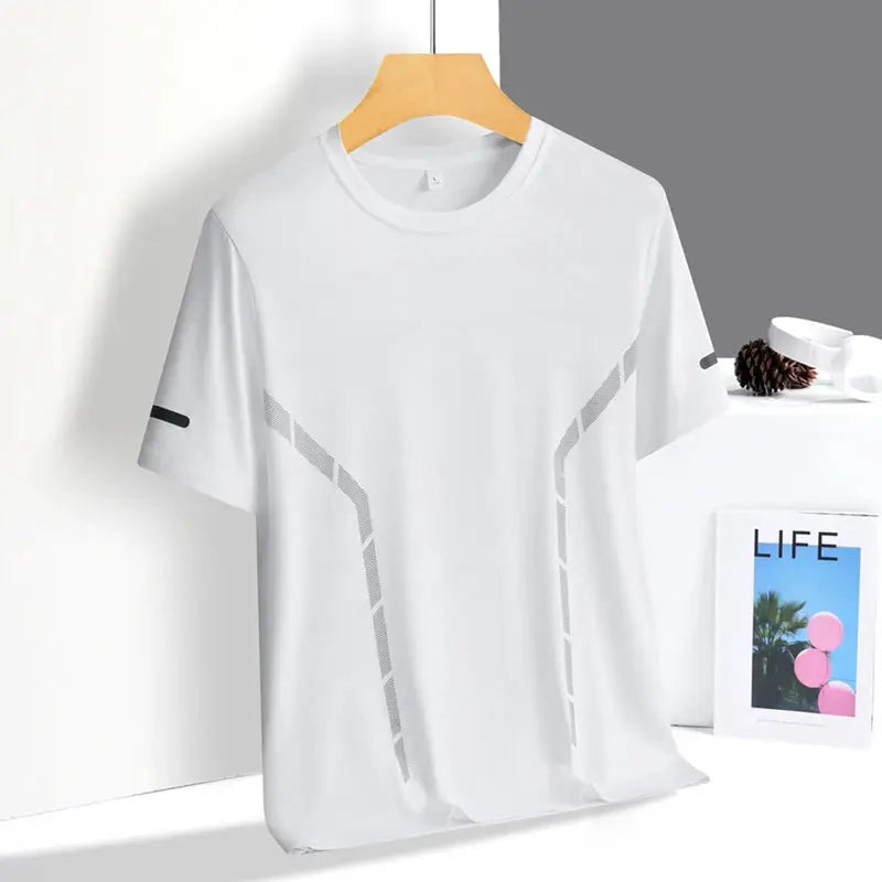 Men's running T-shirt white with reflective printing, quick-dry breathable short sleeve