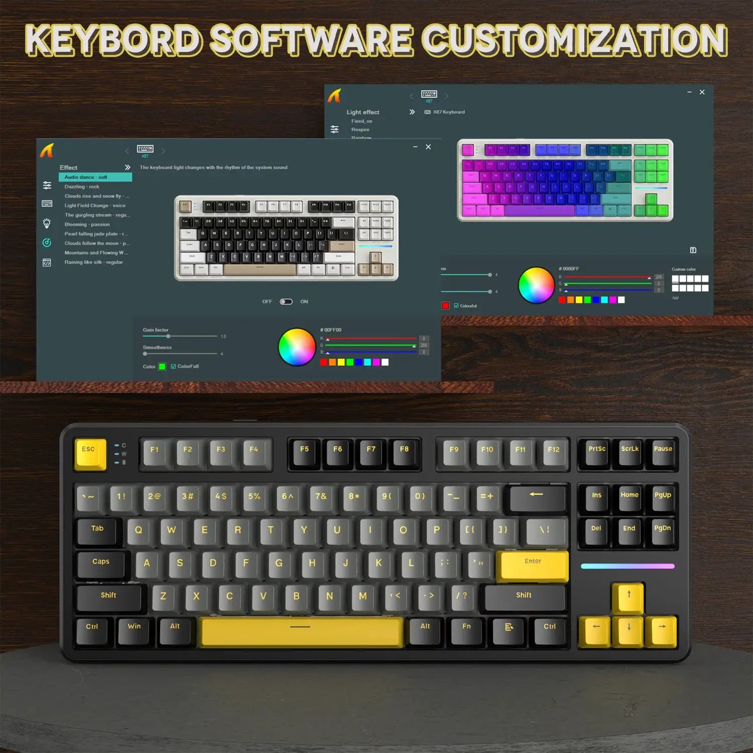Attack Shark X87 wireless mechanical gaming keyboard with yellow accents and RGB lighting.