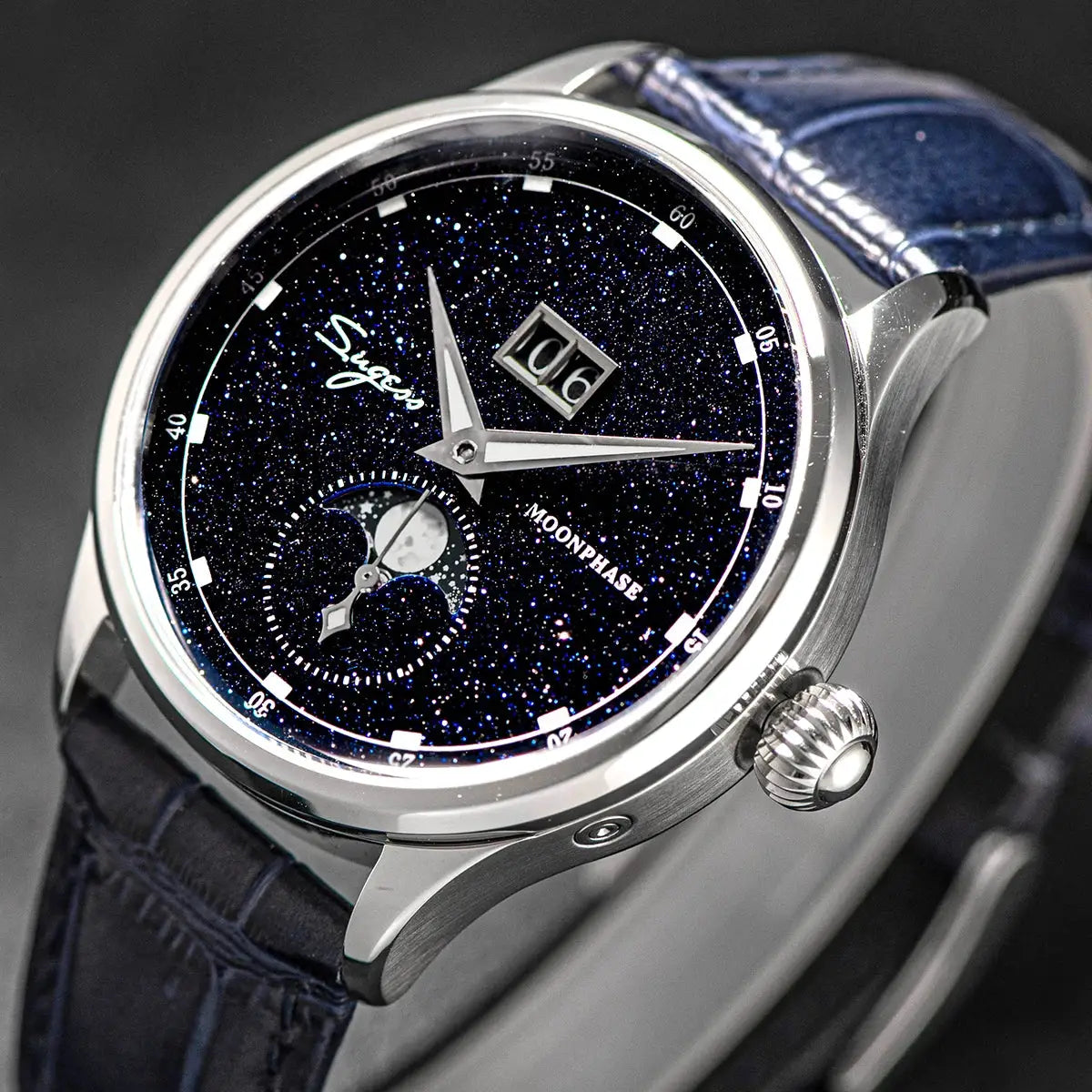 Sugess Moonphase men's watch with 316L stainless steel case, blue strap, starry gemstone dial