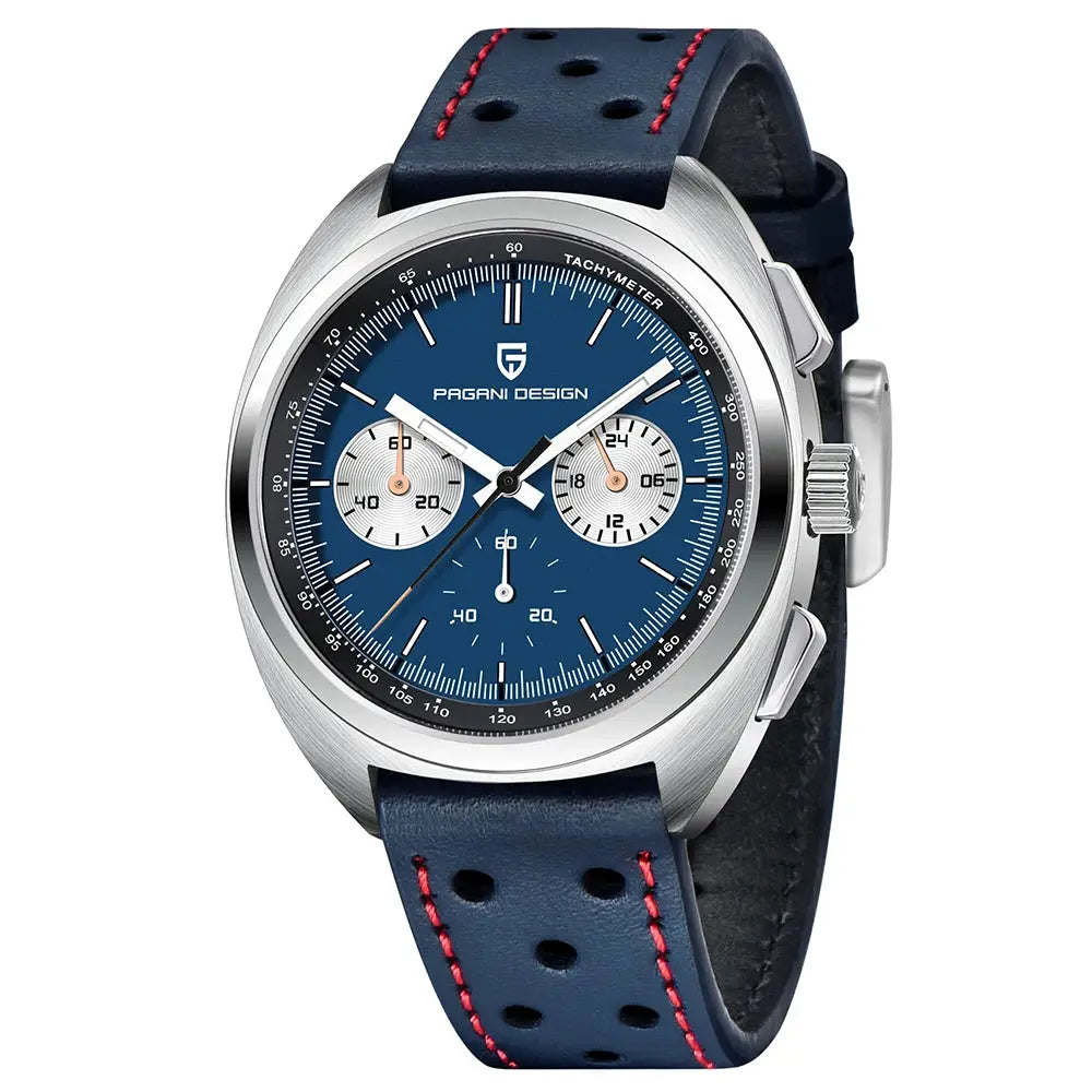 Pagani Design men's blue dial chronograph watch with perforated blue leather strap and silver case