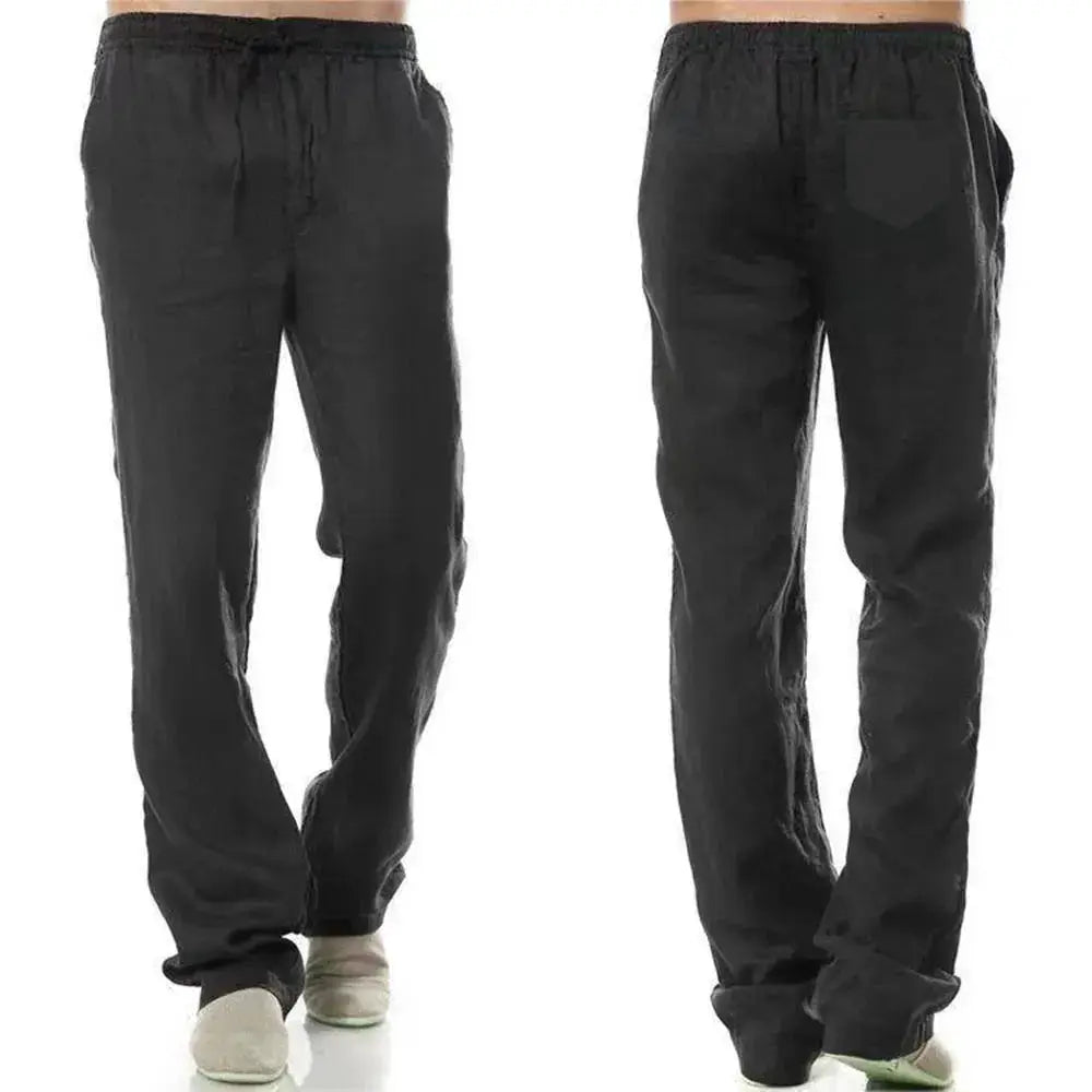 Men's Cotton Linen Pants Breathable Autumn Solid Color Linen Trousers With Elastic Waist And Straight Leg With Pockets