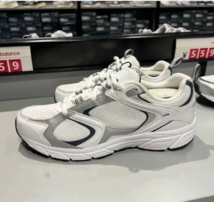 Unisex low-top running shoes, white mesh with navy blue and gray overlays.