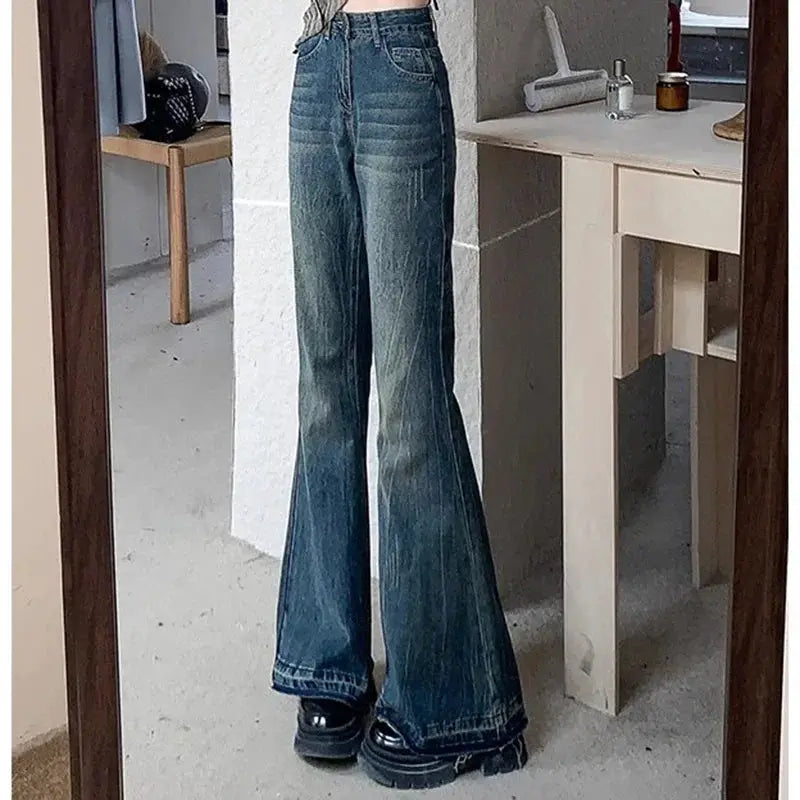 Women High Waist Vintage Flare Jeans Bell Bottom Denim Trousers