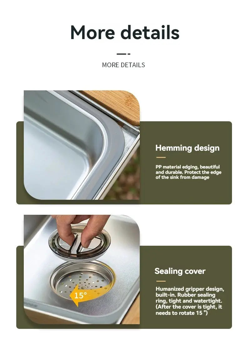 CAMPINGMOON IGT one-unit stainless steel outdoor sink by Simples Market with sealing cover and drain basket.