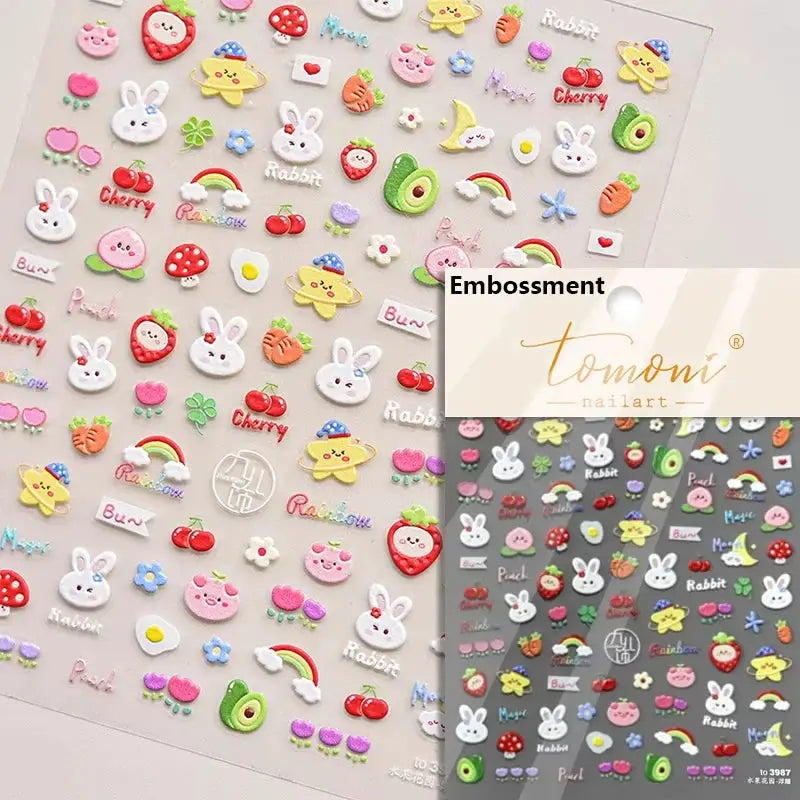 Pink translucent peach jelly 5D self-adhesive nail art stickers with assorted fruit and bunny designs (Tomoni)